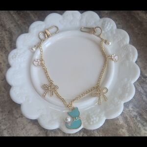 Gold Purse Chain Kitty Cat Pearl & Rhinestone Handbag Jewelry Bag Chain